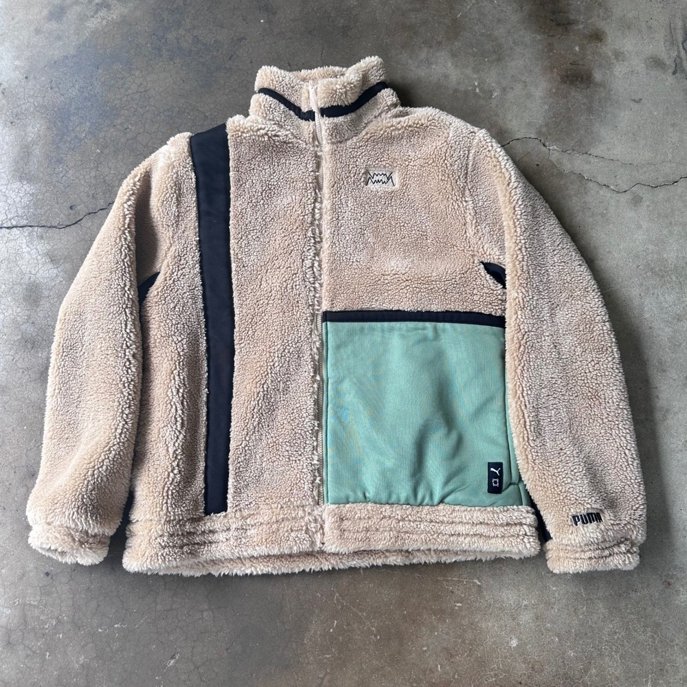 Puma Sherpa Fleece Jacket Mens Large Tan Green Excellent Colorblock Full Zip
